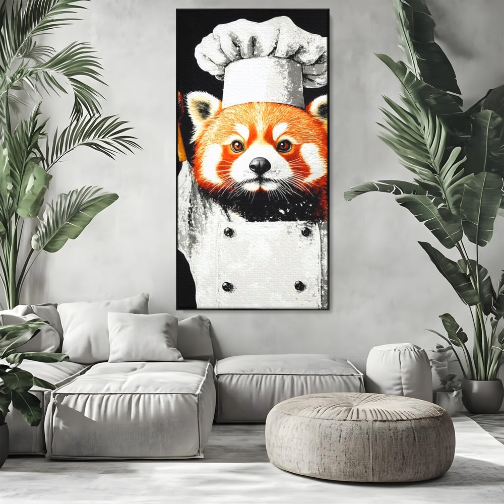 Tablou canvas cu tablou canvas cu panda rosu bucatar, in rama de aluminiu negru, pe perete intr-un living